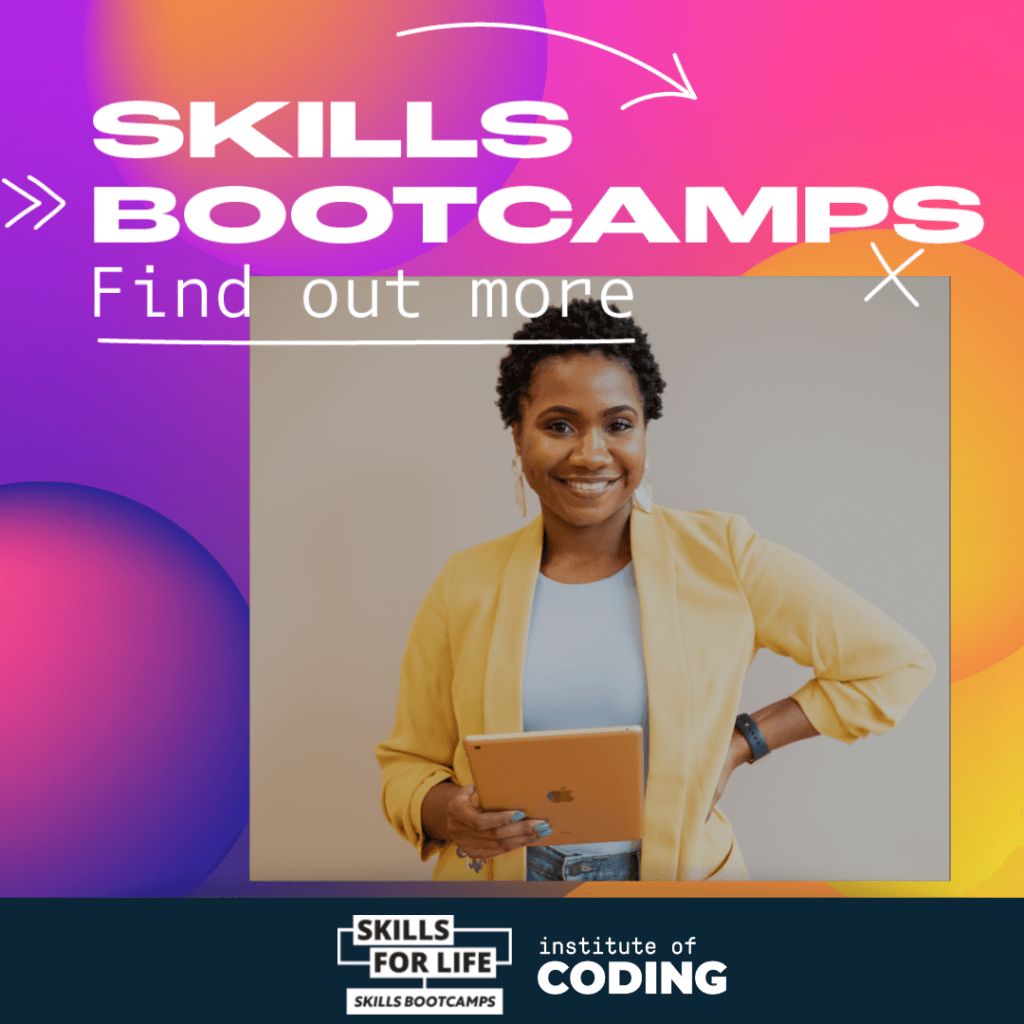 Image of woman smiling with hand on hip. Text says "Skills Bootcamps, find out more"